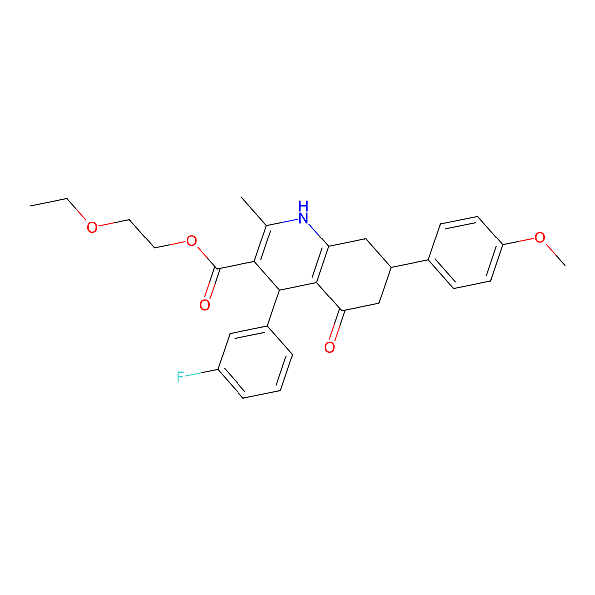 2-Ethoxyethyl 4-(3-fluorophenyl)-7-(4-methoxyphenyl)-2-methyl-5-oxo-1,4,5,6,7,8-hexahydroquinoline-3-carboxylate molecular structure, CAS 312597-35-6