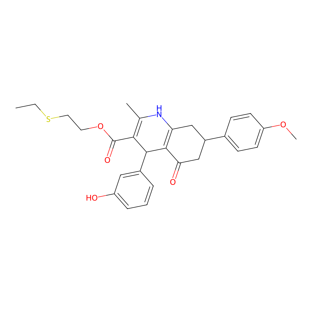 2-(Ethylsulfanyl)ethyl 4-(3-hydroxyphenyl)-7-(4-methoxyphenyl)-2-methyl-5-oxo-1,4,5,6,7,8-hexahydroquinoline-3-carboxylate molecular structure, CAS 312597-38-9