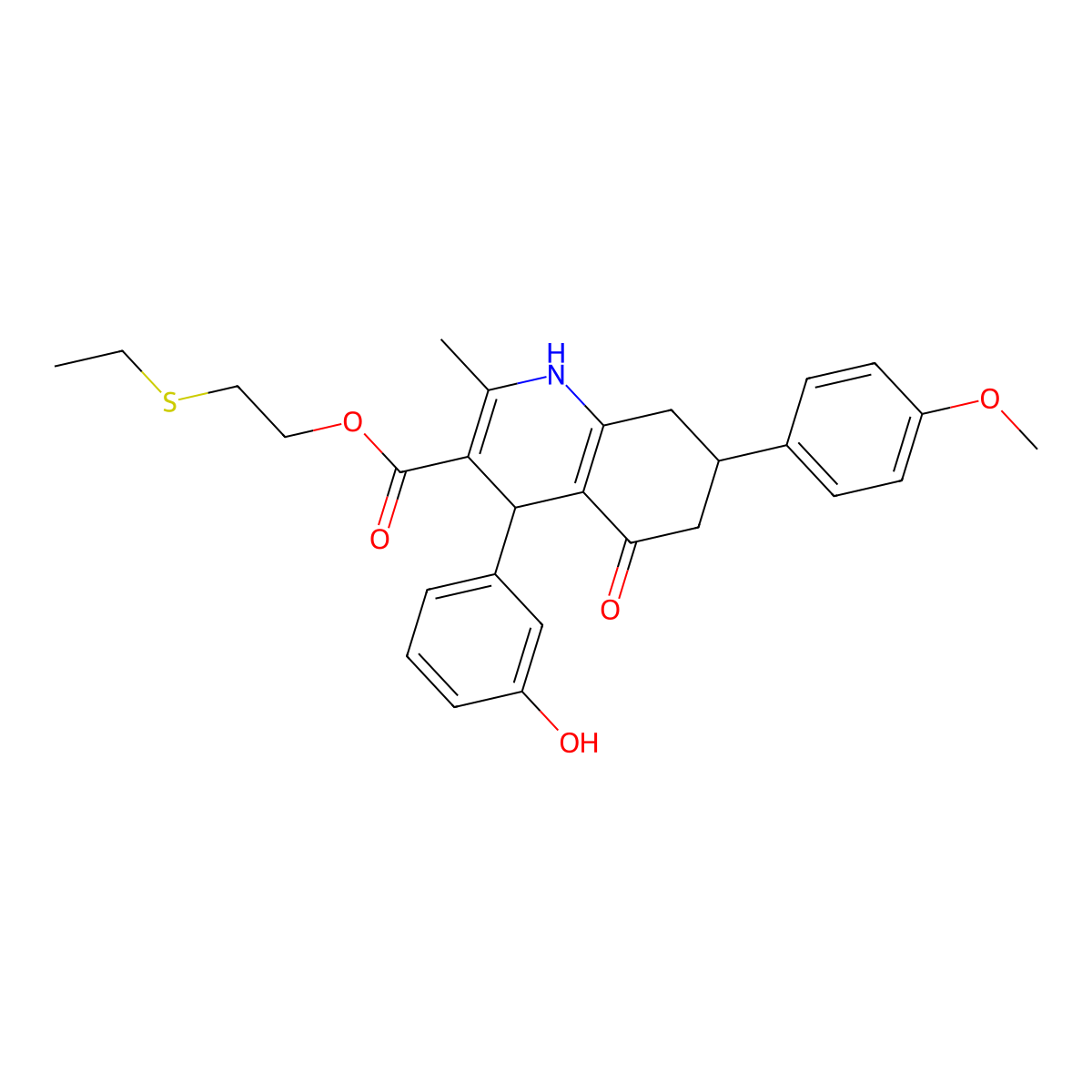 2-(Ethylsulfanyl)ethyl 4-(3-hydroxyphenyl)-7-(4-methoxyphenyl)-2-methyl-5-oxo-1,4,5,6,7,8-hexahydroquinoline-3-carboxylate molecular structure, CAS 312597-38-9