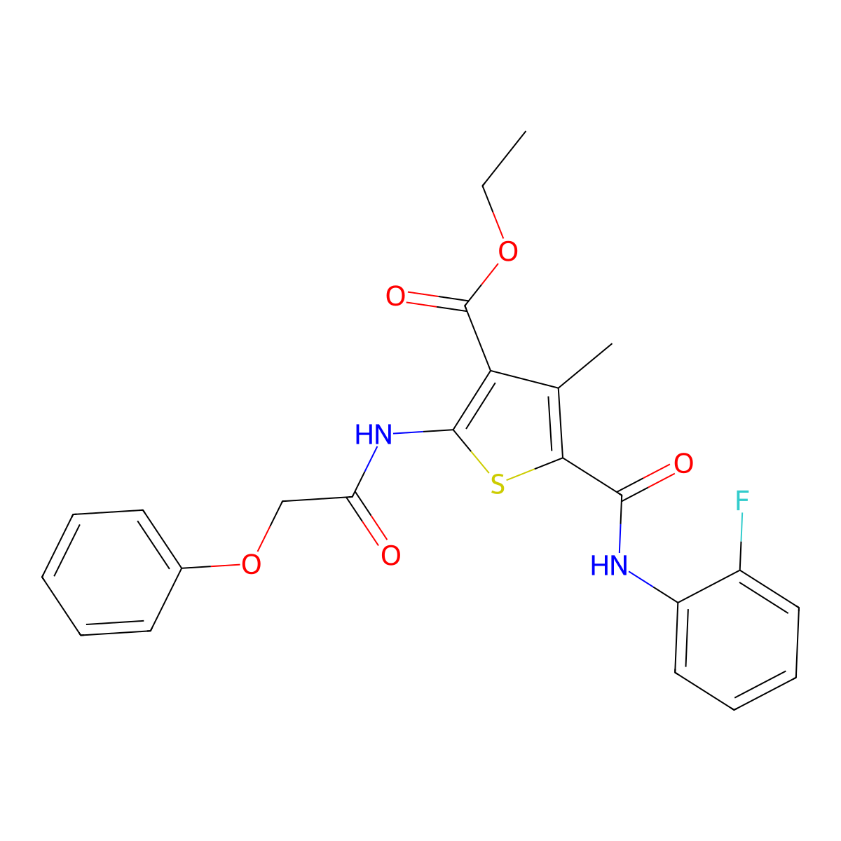 Ethyl 5-[(2-fluorophenyl)carbamoyl]-4-methyl-2-[(phenoxyacetyl)amino]thiophene-3-carboxylate molecular structure, CAS 312597-47-0
