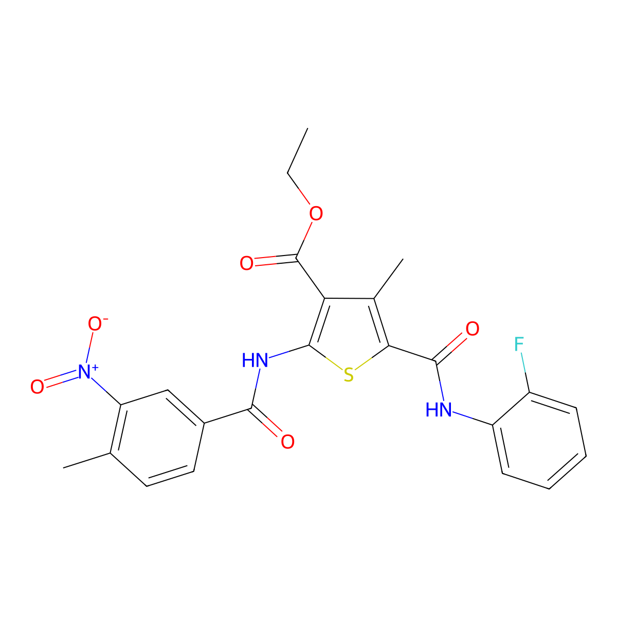 Ethyl 5-[(2-fluorophenyl)carbamoyl]-4-methyl-2-(4-methyl-3-nitrobenzamido)thiophene-3-carboxylate molecular structure, CAS 312597-48-1