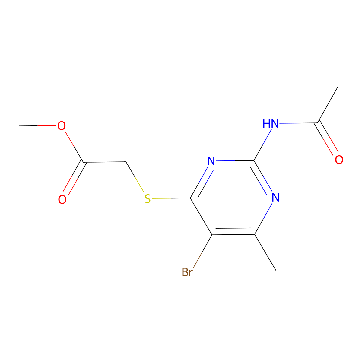 Methyl 2-((2-acetamido-5-bromo-6-methylpyrimidin-4-yl)thio)acetate molecular structure, CAS 312597-83-4