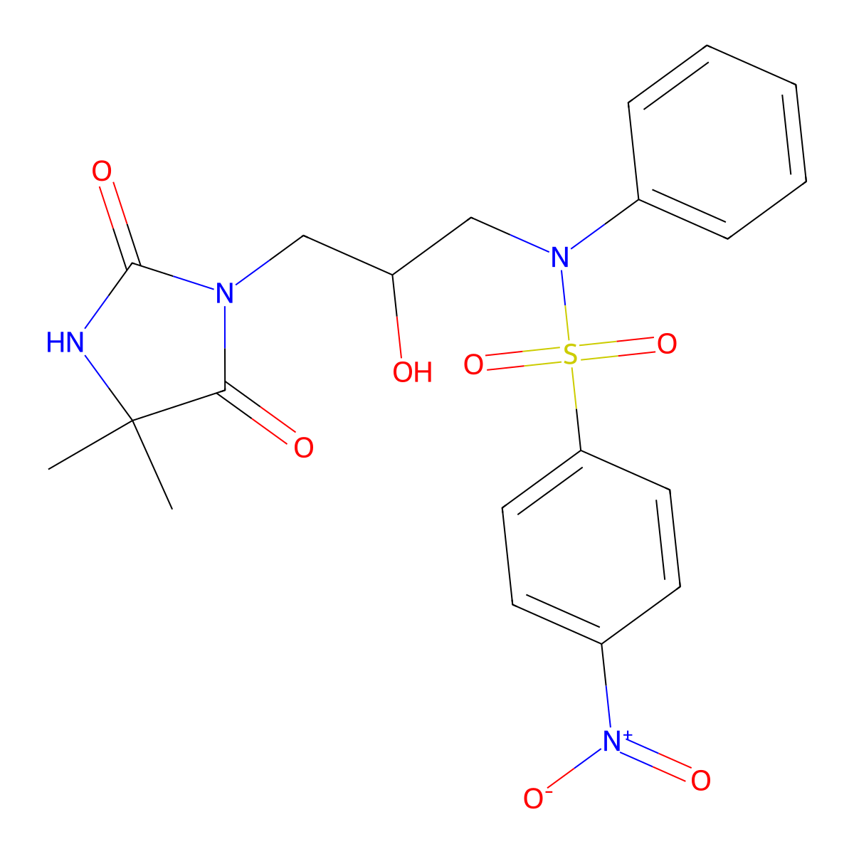 N-[3-(4,4-dimethyl-2,5-dioxoimidazolidin-1-yl)-2-hydroxypropyl]-4-nitro-N-phenylbenzenesulfonamide molecular structure, CAS 312598-02-0