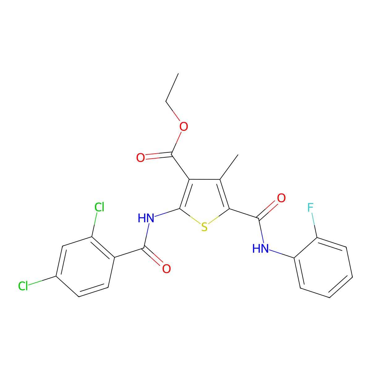 Ethyl 2-(2,4-dichlorobenzamido)-5-[(2-fluorophenyl)carbamoyl]-4-methylthiophene-3-carboxylate molecular structure, CAS 312598-65-5