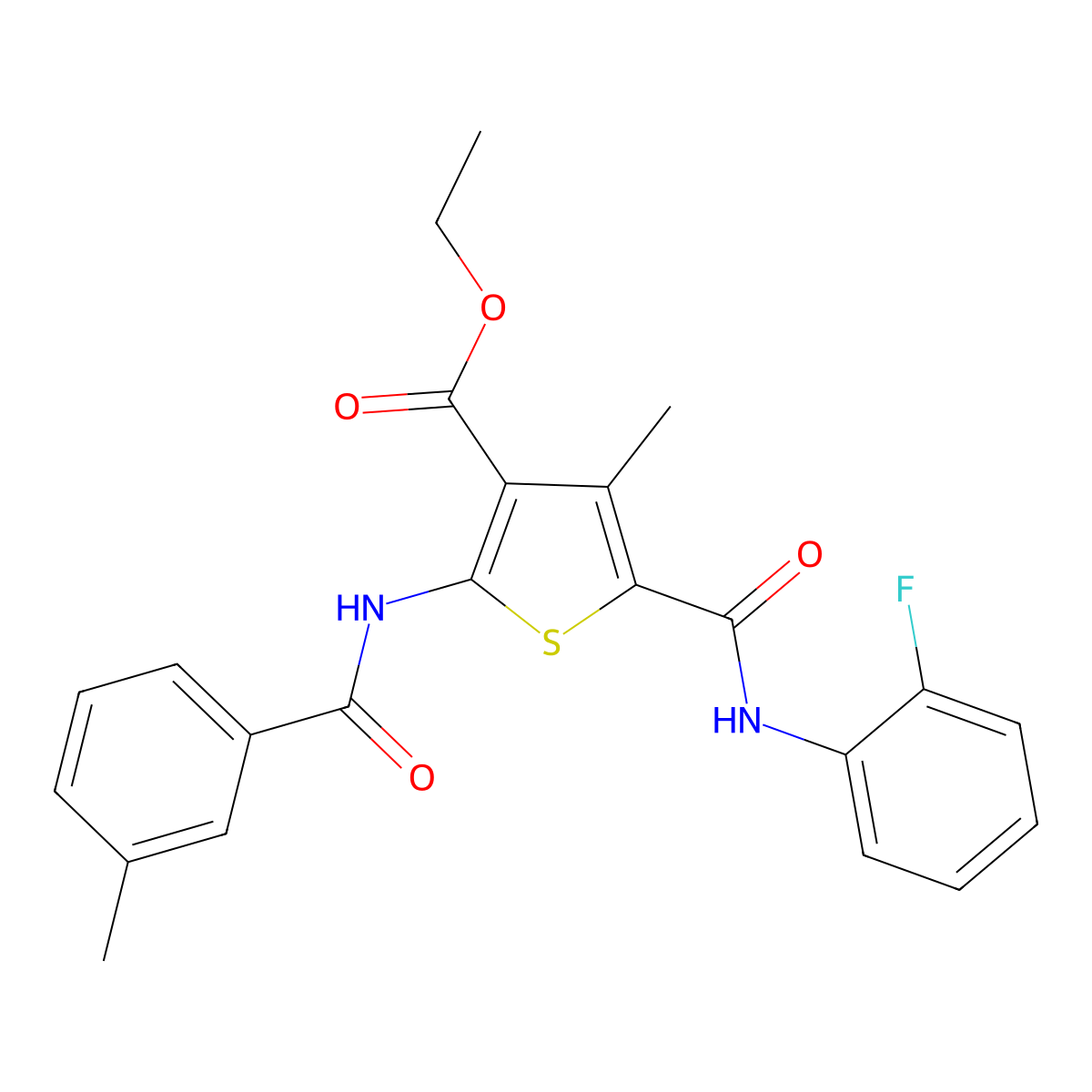 Ethyl 5-[(2-fluorophenyl)carbamoyl]-4-methyl-2-(3-methylbenzamido)thiophene-3-carboxylate molecular structure, CAS 312598-66-6