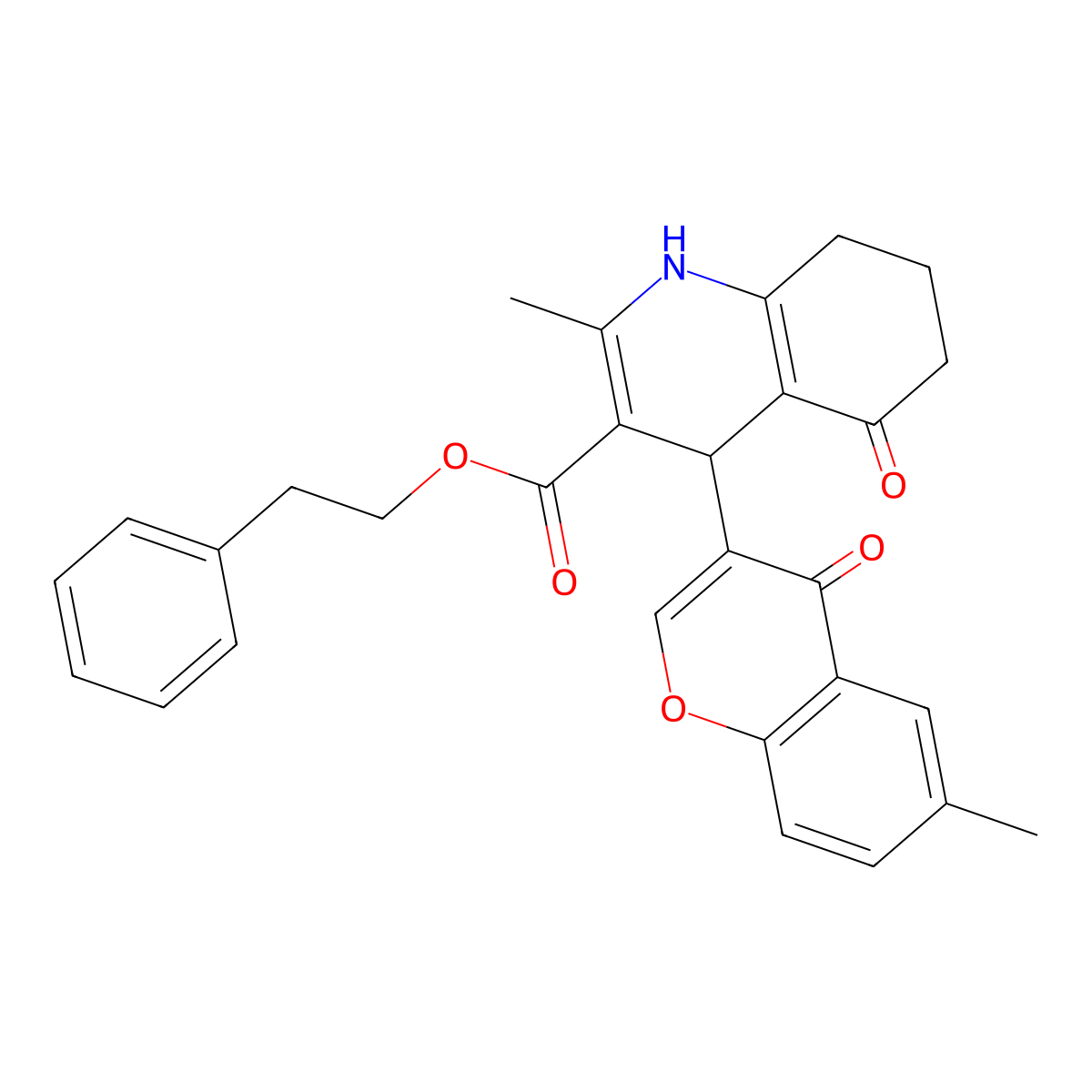2-phenylethyl 2-methyl-4-(6-methyl-4-oxo-4H-chromen-3-yl)-5-oxo-1,4,5,6,7,8-hexahydroquinoline-3-carboxylate molecular structure, CAS 312598-82-6
