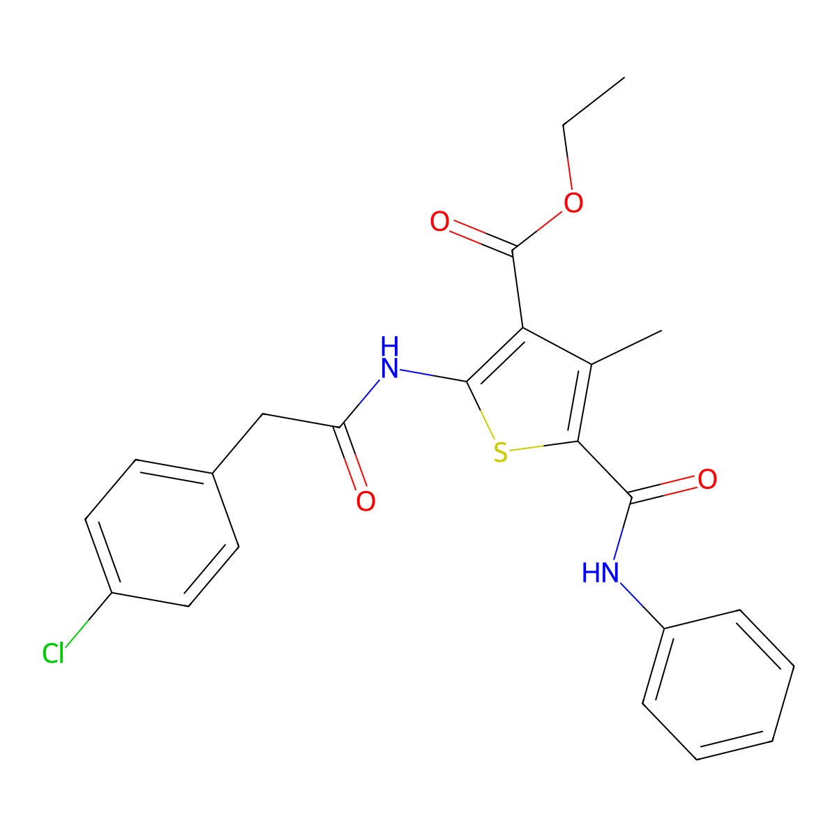 Ethyl 2-{[(4-chlorophenyl)acetyl]amino}-4-methyl-5-(phenylcarbamoyl)thiophene-3-carboxylate molecular structure, CAS 312599-15-8