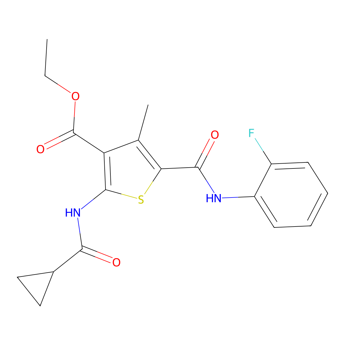 Ethyl 2-cyclopropaneamido-5-[(2-fluorophenyl)carbamoyl]-4-methylthiophene-3-carboxylate molecular structure, CAS 312599-17-0