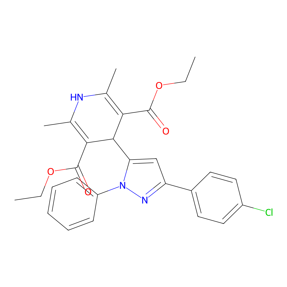 Diethyl 4-[5-(4-chlorophenyl)-2-phenylpyrazol-3-yl]-2,6-dimethyl-1,4-dihydropyridine-3,5-dicarboxylate molecular structure, CAS 312601-39-1
