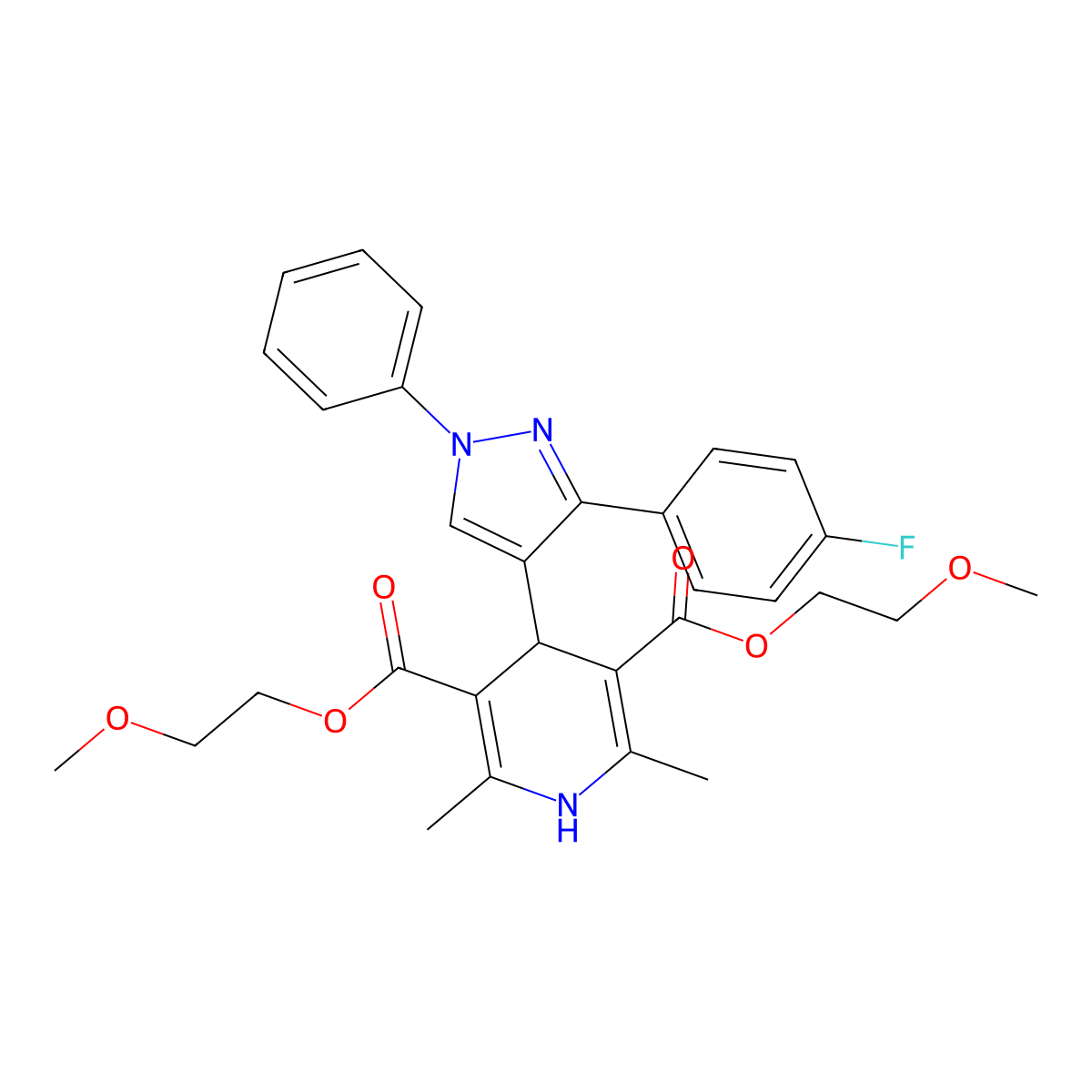 bis(2-methoxyethyl) 4-[3-(4-fluorophenyl)-1-phenyl-1H-pyrazol-4-yl]-2,6-dimethyl-1,4-dihydropyridine-3,5-dicarboxylate molecular structure, CAS 312601-59-5
