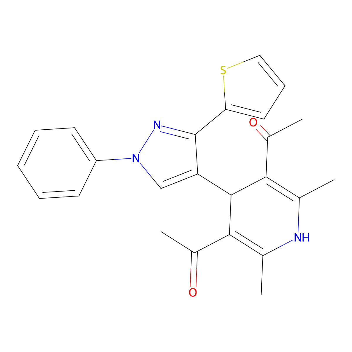 1,1'-{2,6-dimethyl-4-[1-phenyl-3-(thiophen-2-yl)-1H-pyrazol-4-yl]-1,4-dihydropyridine-3,5-diyl}diethanone molecular structure, CAS 312601-84-6