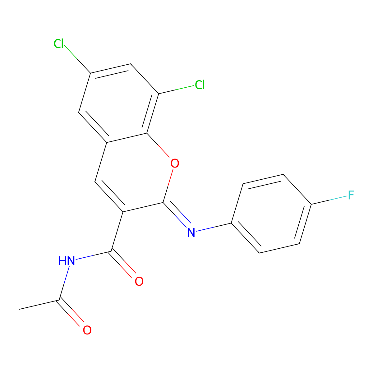 (2Z)-N-acetyl-6,8-dichloro-2-[(4-fluorophenyl)imino]-2H-chromene-3-carboxamide molecular structure, CAS 312607-36-6