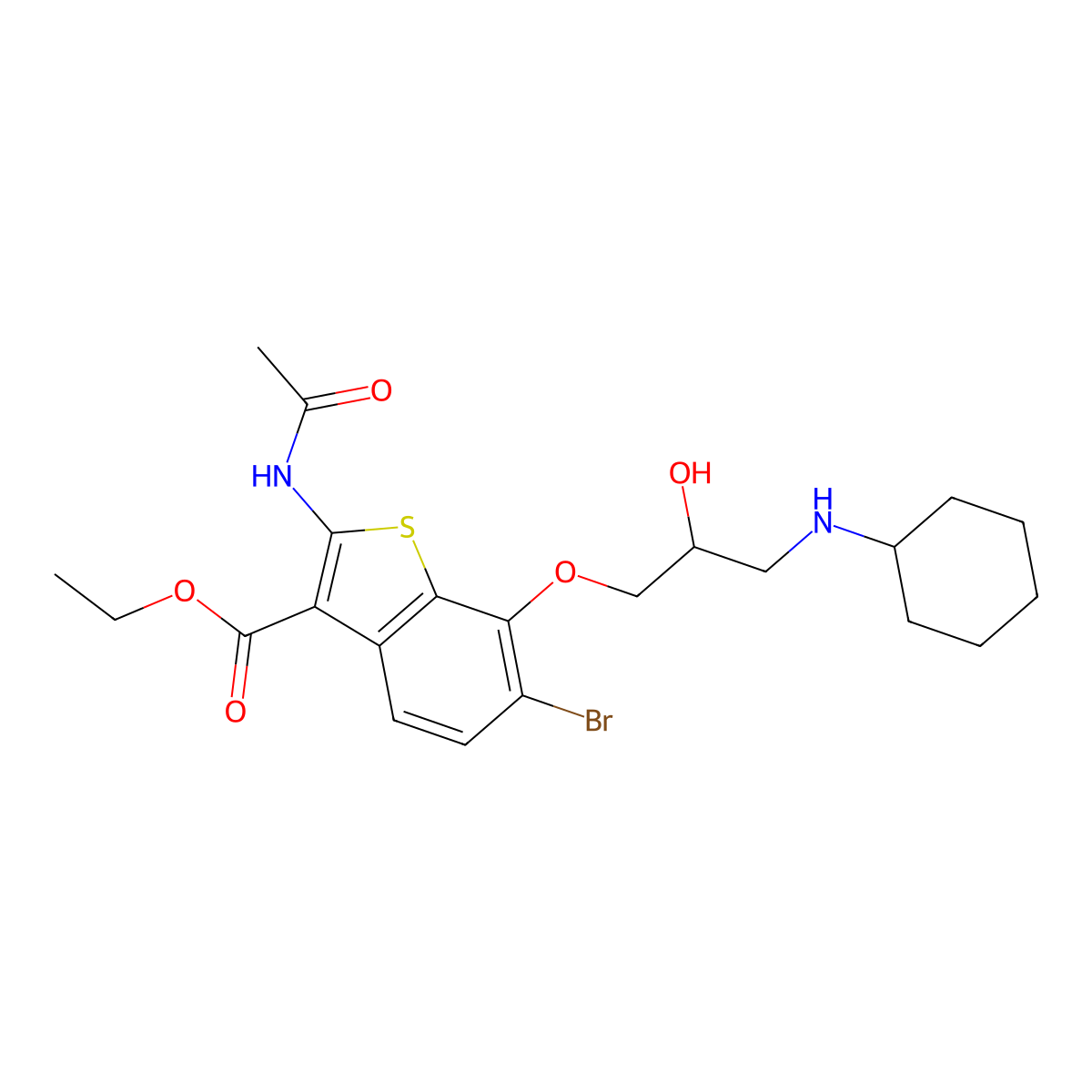 Ethyl 2-(acetylamino)-6-bromo-7-[3-(cyclohexylamino)-2-hydroxypropoxy]-1-benzothiophene-3-carboxylate molecular structure, CAS 312607-41-3