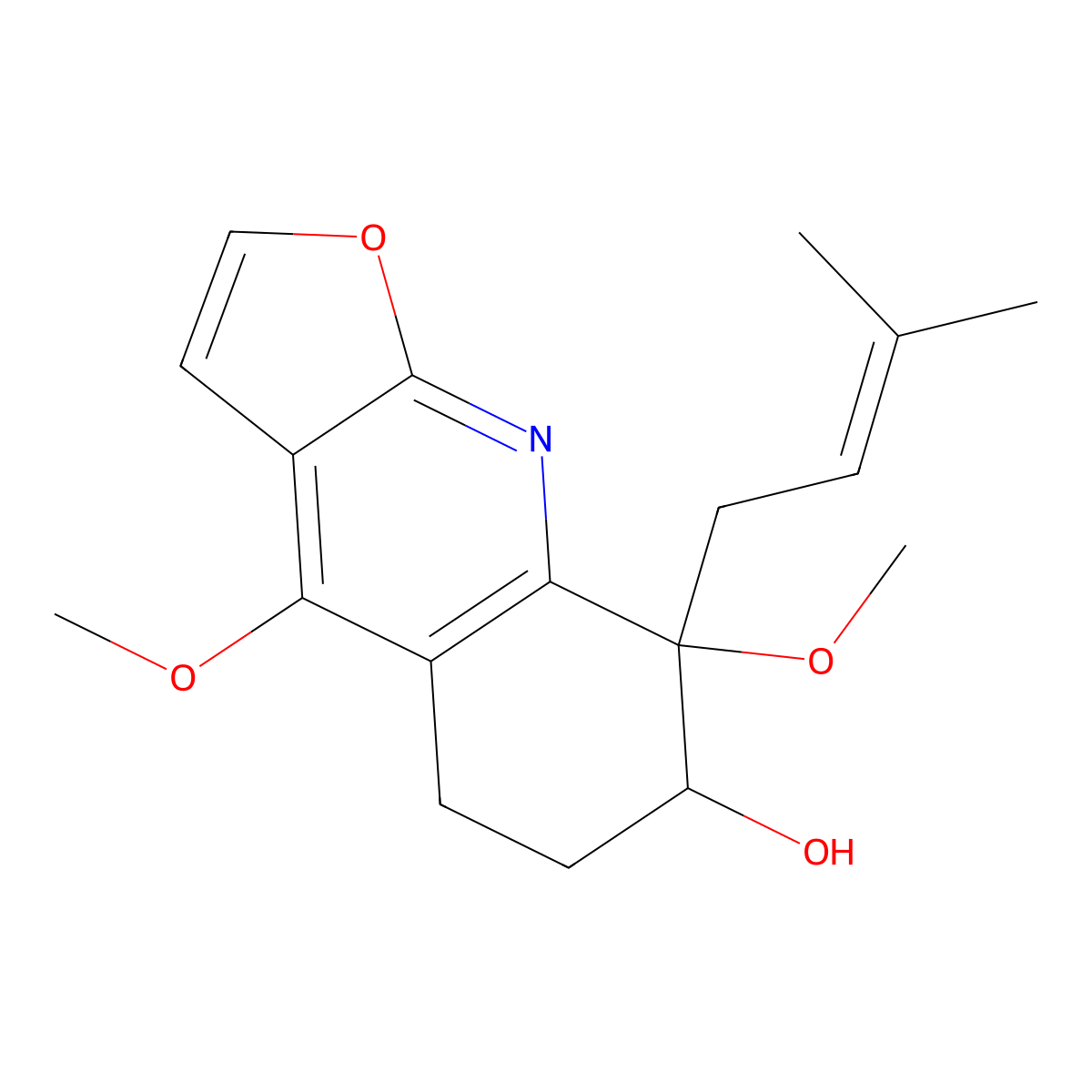 4,8-dimethoxy-8-(3-methylbut-2-enyl)-6,7-dihydro-5H-furo[2,3-b]quinolin-7-ol molecular structure, CAS 312608-32-5
