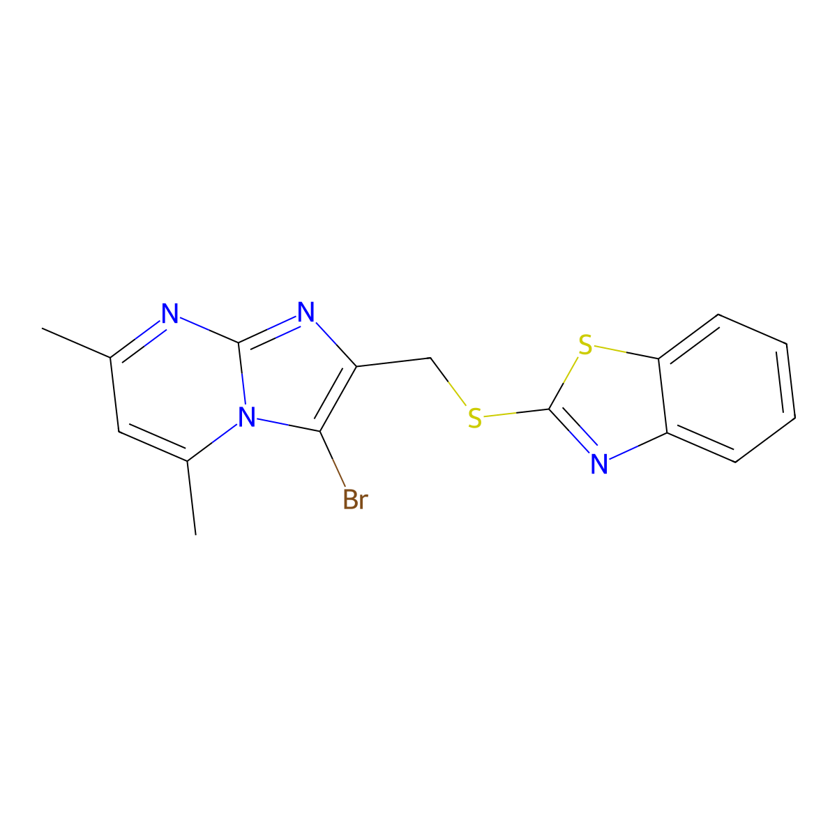 2-(((3-Bromo-5,7-dimethylimidazo[1,2-a]pyrimidin-2-yl)methyl)thio)benzo[d]thiazole molecular structure, CAS 312614-25-8
