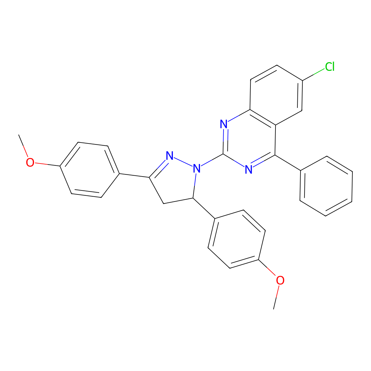 2-[3,5-bis(4-methoxyphenyl)-4,5-dihydro-1H-pyrazol-1-yl]-6-chloro-4-phenylquinazoline molecular structure, CAS 312614-78-1
