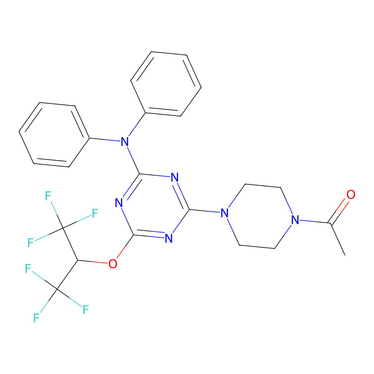 1-[4-[4-(1,1,1,3,3,3-hexafluoropropan-2-yloxy)-6-(N-phenylanilino)-1,3,5-triazin-2-yl]piperazin-1-yl]ethanone molecular structure, CAS 312617-34-8