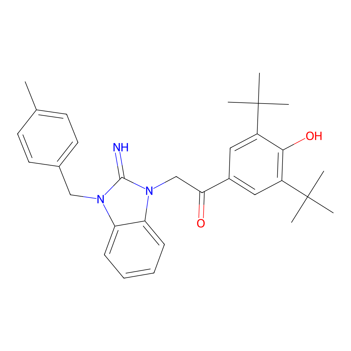 1-(3,5-Di-tert-butyl-4-hydroxyphenyl)-2-(2-imino-3-(4-methylbenzyl)-2,3-dihydro-1H-benzo[d]imidazol-1-yl)ethanone molecular structure, CAS 312617-89-3