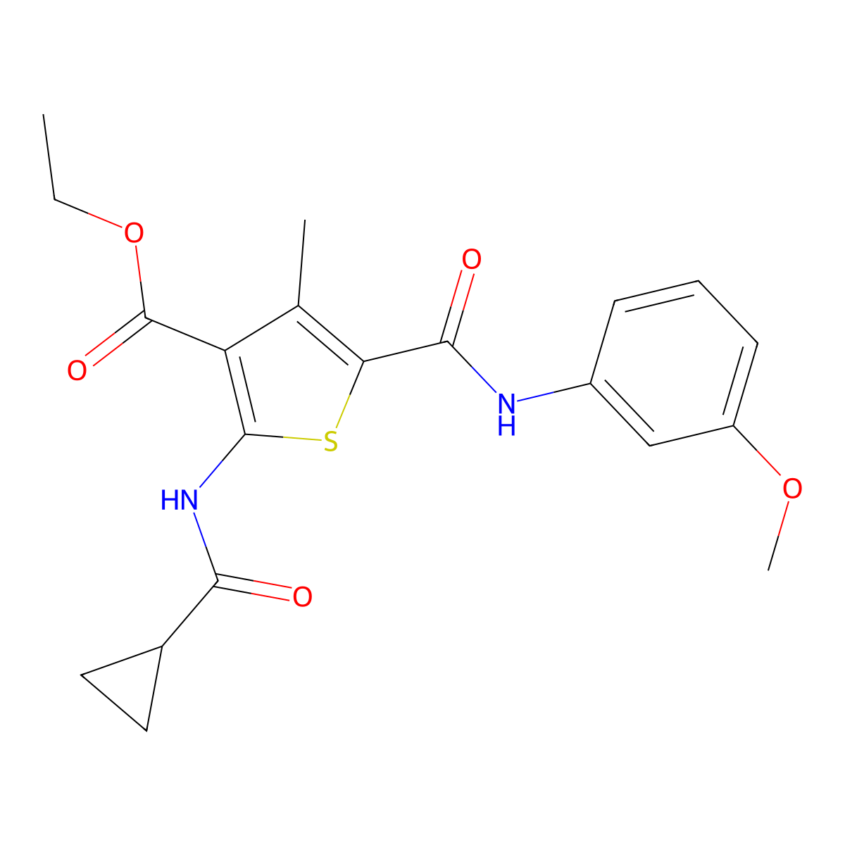 Ethyl 2-cyclopropaneamido-5-[(3-methoxyphenyl)carbamoyl]-4-methylthiophene-3-carboxylate molecular structure, CAS 312619-75-3