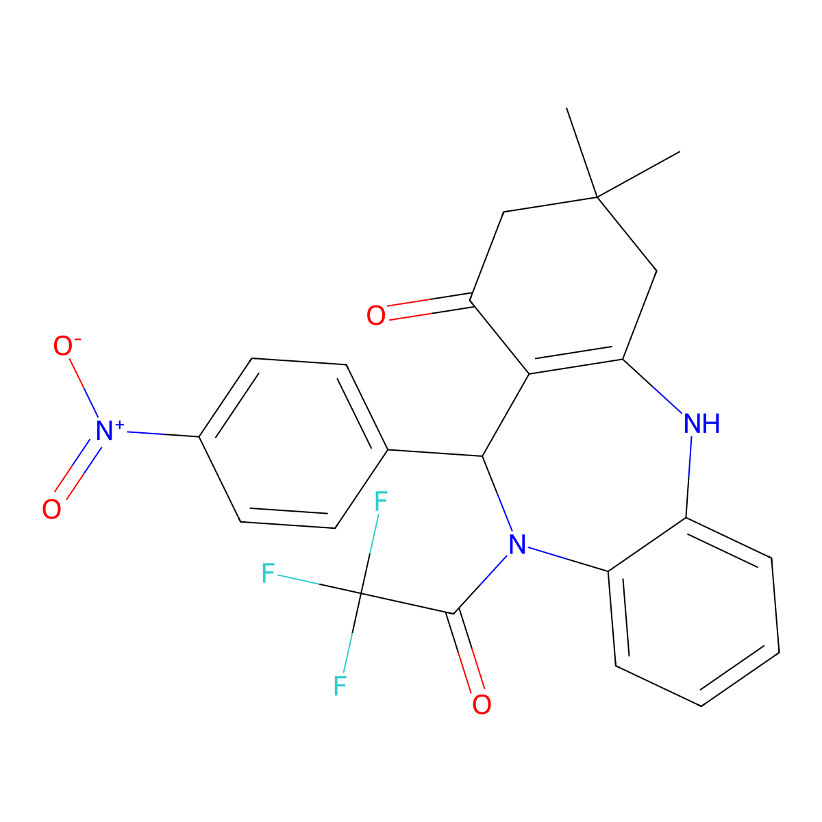 9,9-Dimethyl-6-(4-nitrophenyl)-5-(2,2,2-trifluoroacetyl)-6,8,10,11-tetrahydrobenzo[b][1,4]benzodiazepin-7-one molecular structure, CAS 312621-16-2