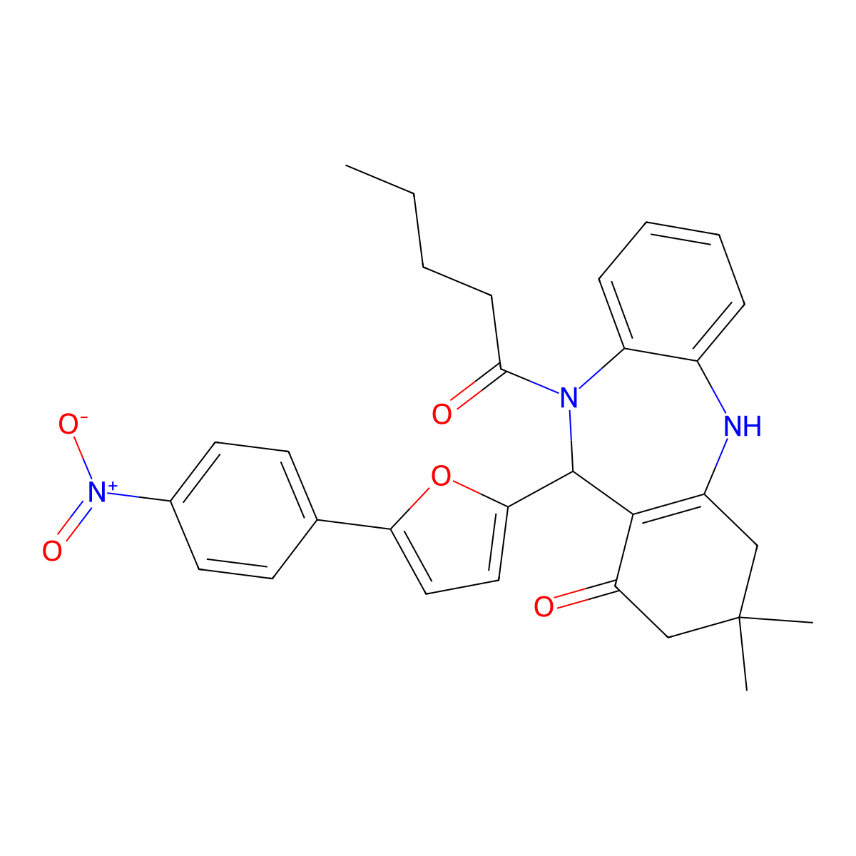 9,9-Dimethyl-6-[5-(4-nitrophenyl)furan-2-yl]-5-pentanoyl-6,8,10,11-tetrahydrobenzo[b][1,4]benzodiazepin-7-one molecular structure, CAS 312621-18-4