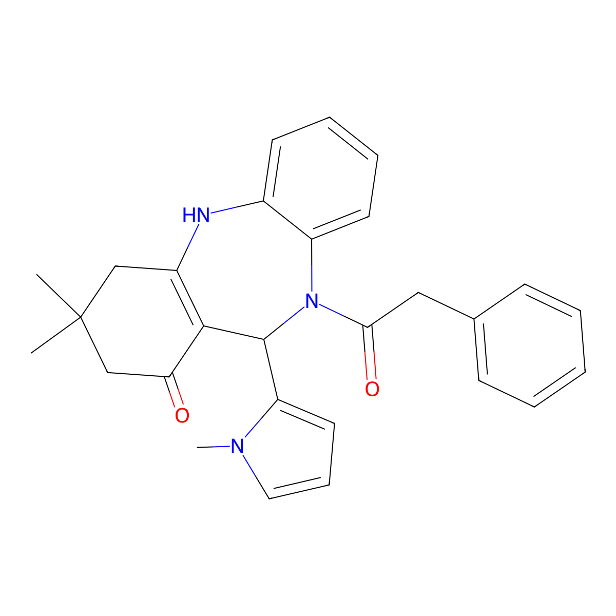 9,9-Dimethyl-6-(1-methylpyrrol-2-yl)-5-(2-phenylacetyl)-6,8,10,11-tetrahydrobenzo[b][1,4]benzodiazepin-7-one molecular structure, CAS 312621-22-0