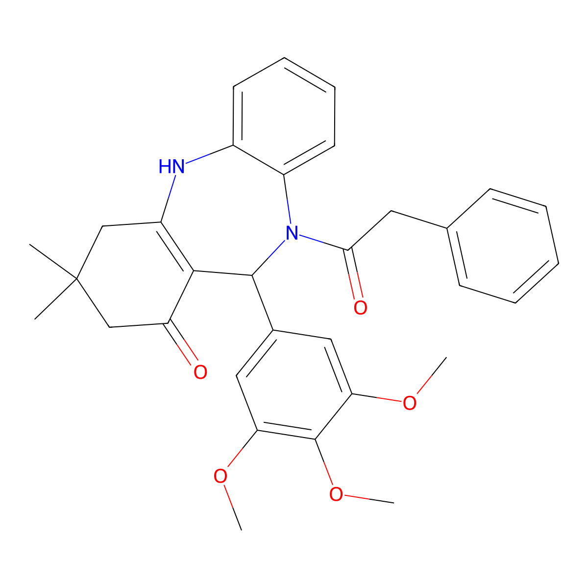 9,9-Dimethyl-5-(2-phenylacetyl)-6-(3,4,5-trimethoxyphenyl)-6,8,10,11-tetrahydrobenzo[b][1,4]benzodiazepin-7-one molecular structure, CAS 312621-25-3