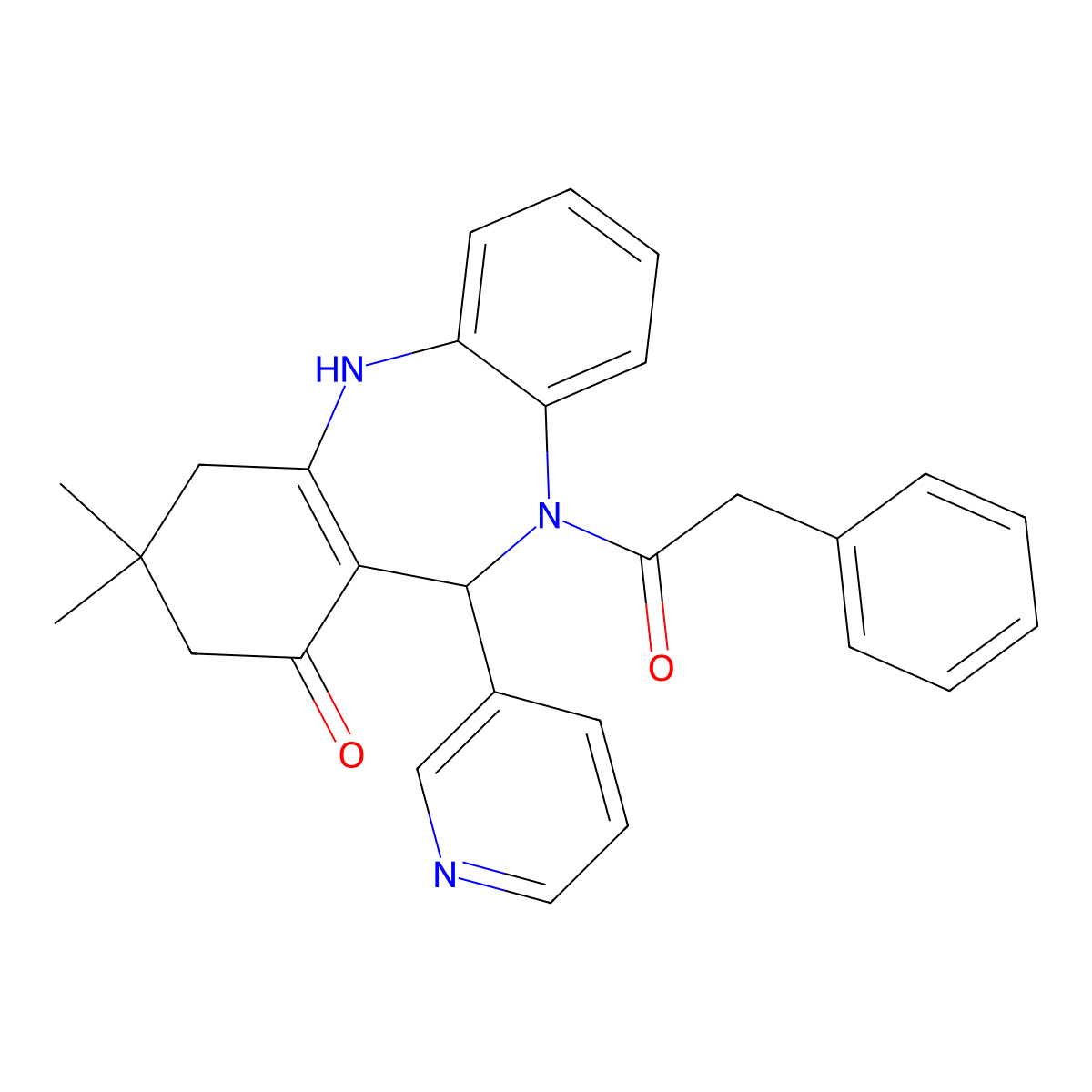 9,9-Dimethyl-5-(2-phenylacetyl)-6-pyridin-3-yl-6,8,10,11-tetrahydrobenzo[b][1,4]benzodiazepin-7-one molecular structure, CAS 312621-26-4
