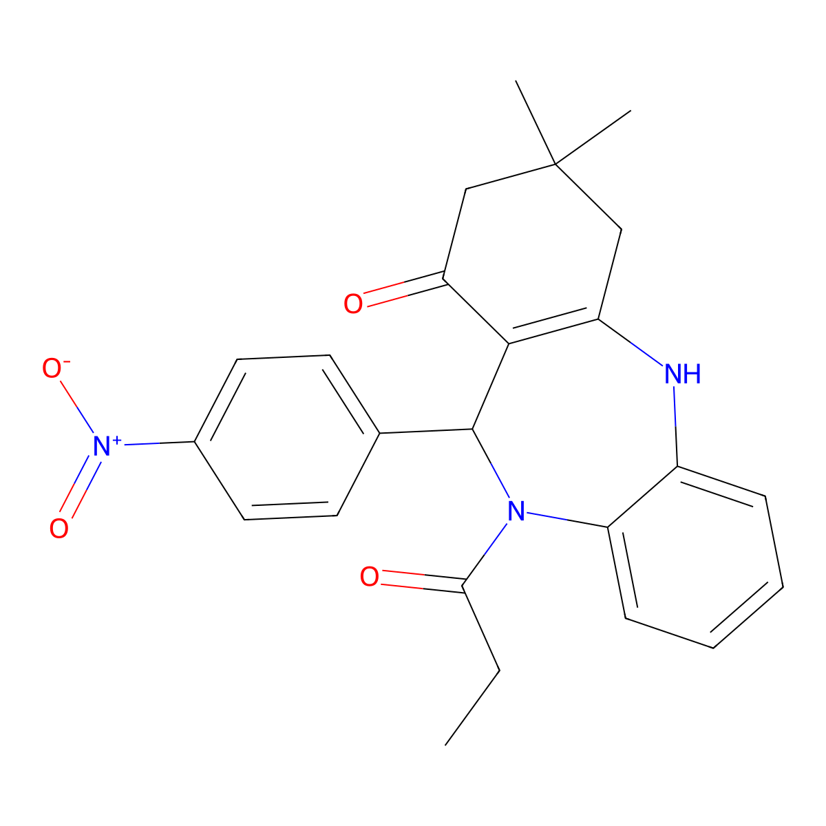 9,9-Dimethyl-6-(4-nitrophenyl)-5-propanoyl-6,8,10,11-tetrahydrobenzo[b][1,4]benzodiazepin-7-one molecular structure, CAS 312621-29-7