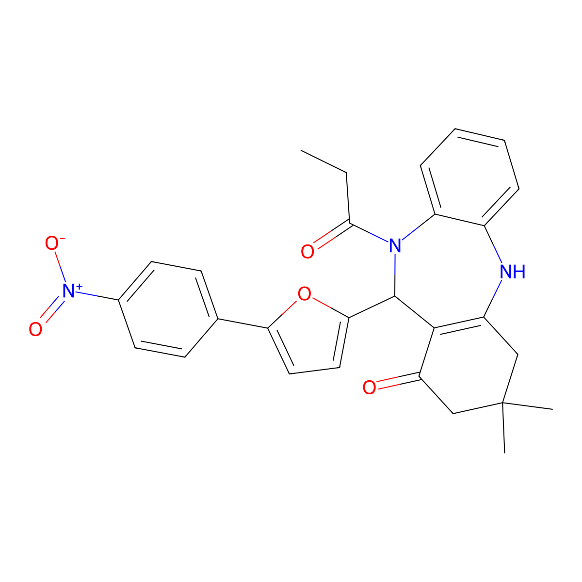9,9-Dimethyl-6-[5-(4-nitrophenyl)furan-2-yl]-5-propanoyl-6,8,10,11-tetrahydrobenzo[b][1,4]benzodiazepin-7-one molecular structure, CAS 312621-31-1