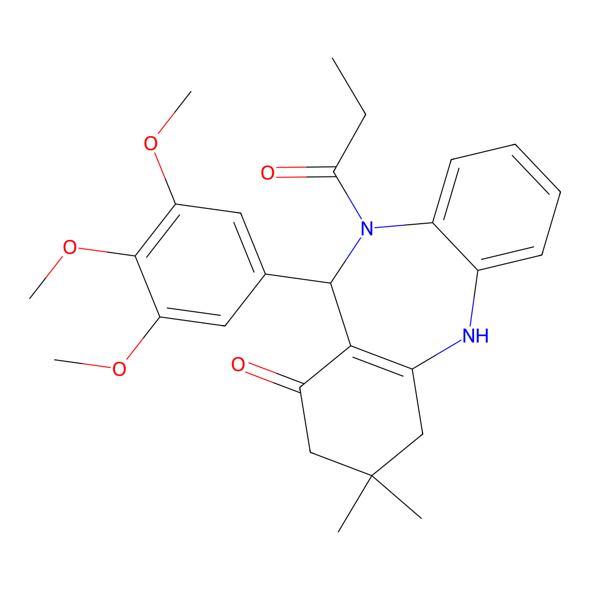 9,9-Dimethyl-5-propanoyl-6-(3,4,5-trimethoxyphenyl)-6,8,10,11-tetrahydrobenzo[b][1,4]benzodiazepin-7-one molecular structure, CAS 312621-48-0