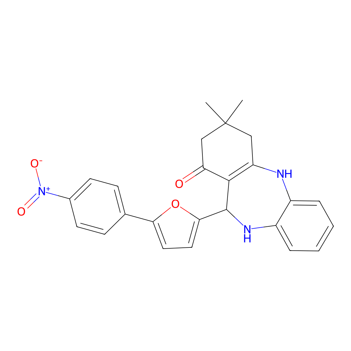 9,9-dimethyl-6-[5-(4-nitrophenyl)furan-2-yl]-6,8,10,11-tetrahydro-5H-benzo[b][1,4]benzodiazepin-7-one molecular structure, CAS 312621-65-1
