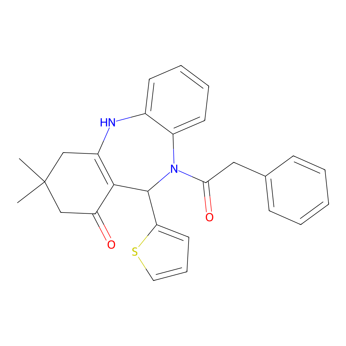 9,9-Dimethyl-5-(2-phenylacetyl)-6-thiophen-2-yl-6,8,10,11-tetrahydrobenzo[b][1,4]benzodiazepin-7-one molecular structure, CAS 312621-70-8