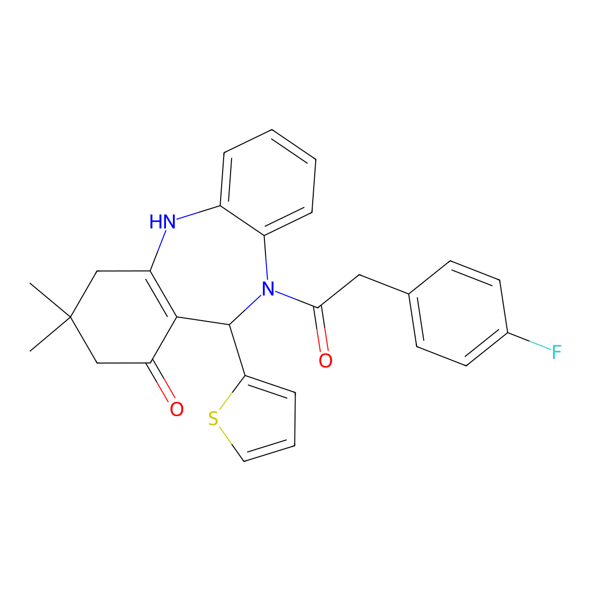 5-[2-(4-Fluorophenyl)acetyl]-9,9-dimethyl-6-thiophen-2-yl-6,8,10,11-tetrahydrobenzo[b][1,4]benzodiazepin-7-one molecular structure, CAS 312621-77-5