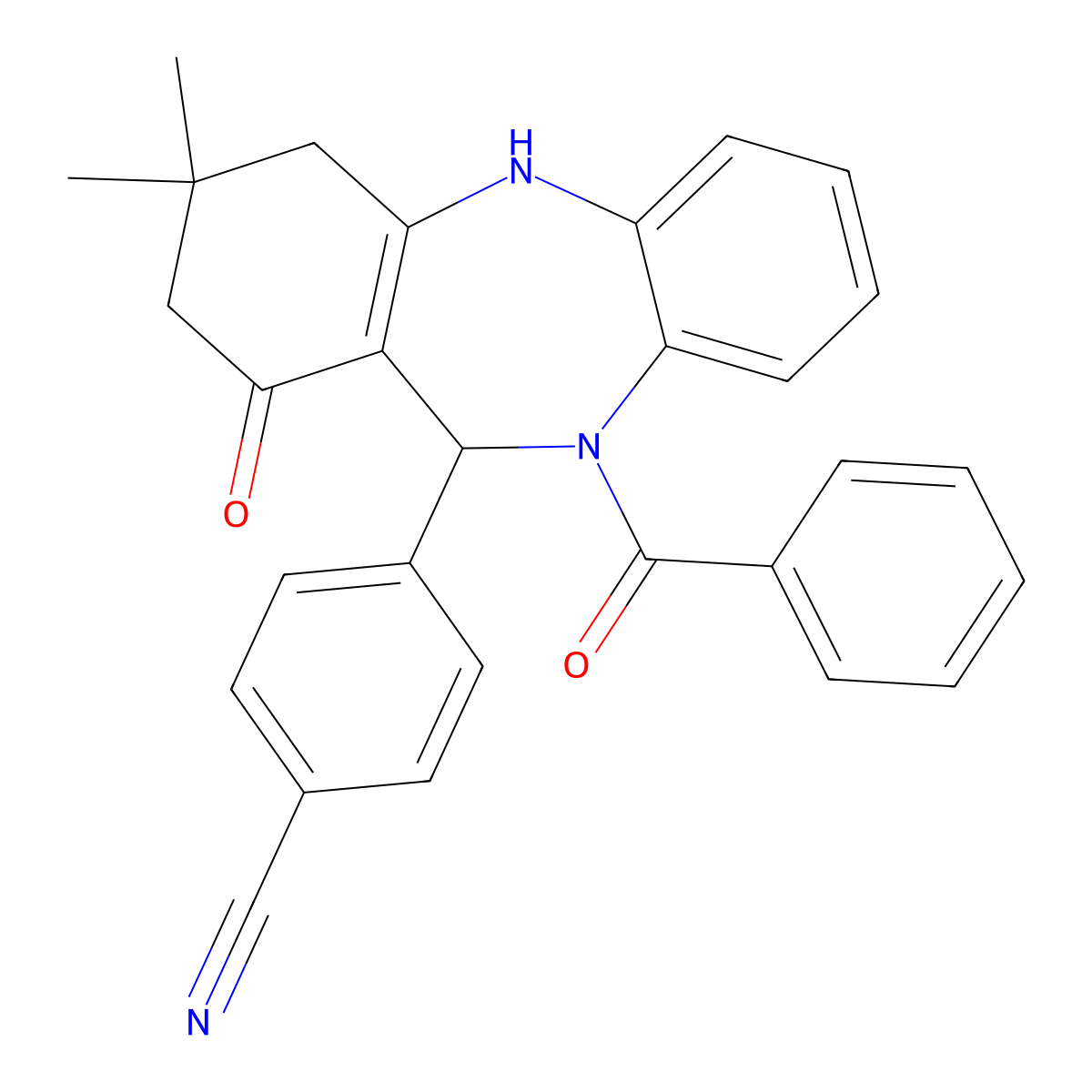 4-(5-Benzoyl-9,9-dimethyl-7-oxo-6,8,10,11-tetrahydrobenzo[b][1,4]benzodiazepin-6-yl)benzonitrile molecular structure, CAS 312621-78-6