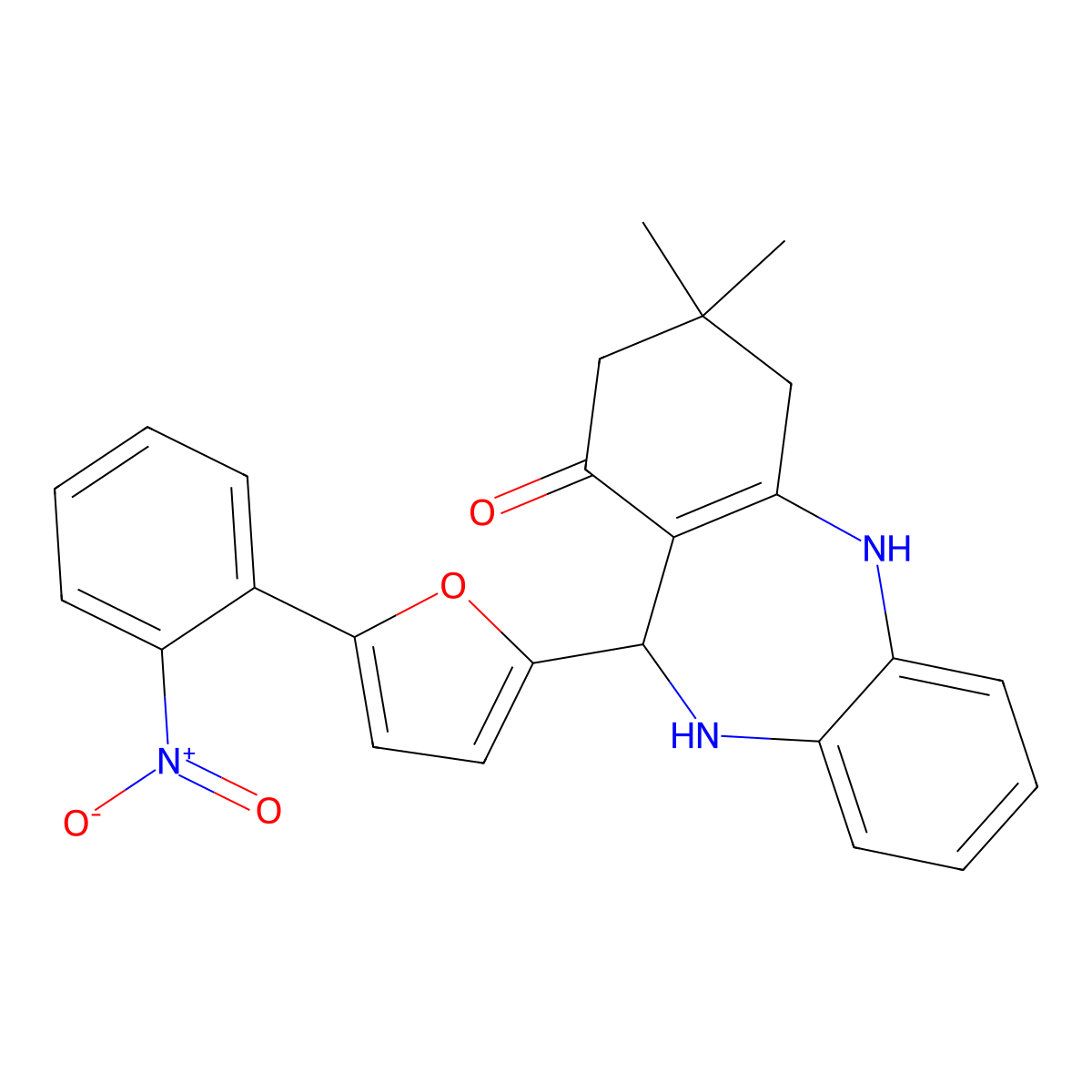 9,9-dimethyl-6-[5-(2-nitrophenyl)furan-2-yl]-6,8,10,11-tetrahydro-5H-benzo[b][1,4]benzodiazepin-7-one molecular structure, CAS 312621-79-7