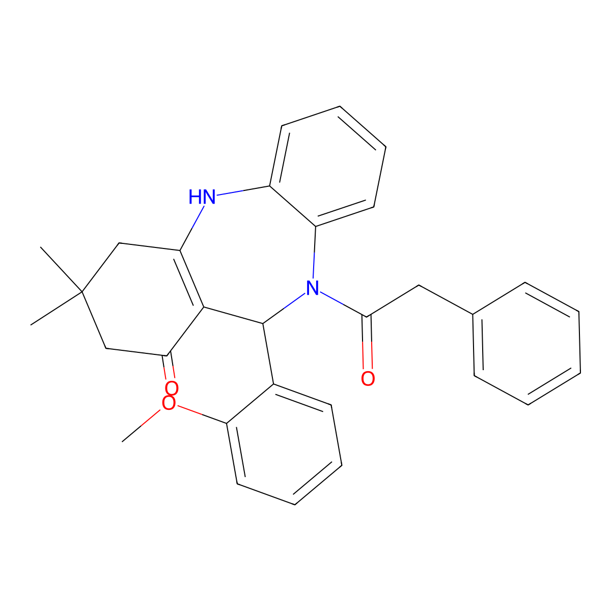 6-(2-Methoxyphenyl)-9,9-dimethyl-5-(2-phenylacetyl)-6,8,10,11-tetrahydrobenzo[b][1,4]benzodiazepin-7-one molecular structure, CAS 312621-83-3