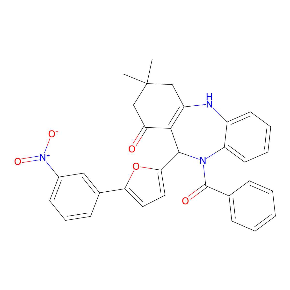 5-Benzoyl-9,9-dimethyl-6-[5-(3-nitrophenyl)furan-2-yl]-6,8,10,11-tetrahydrobenzo[b][1,4]benzodiazepin-7-one molecular structure, CAS 312621-84-4