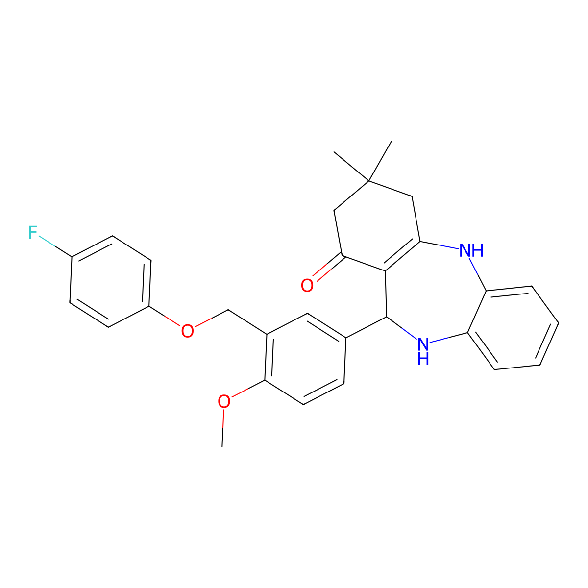 6-[3-[(4-fluorophenoxy)methyl]-4-methoxyphenyl]-9,9-dimethyl-6,8,10,11-tetrahydro-5H-benzo[b][1,4]benzodiazepin-7-one molecular structure, CAS 312621-86-6