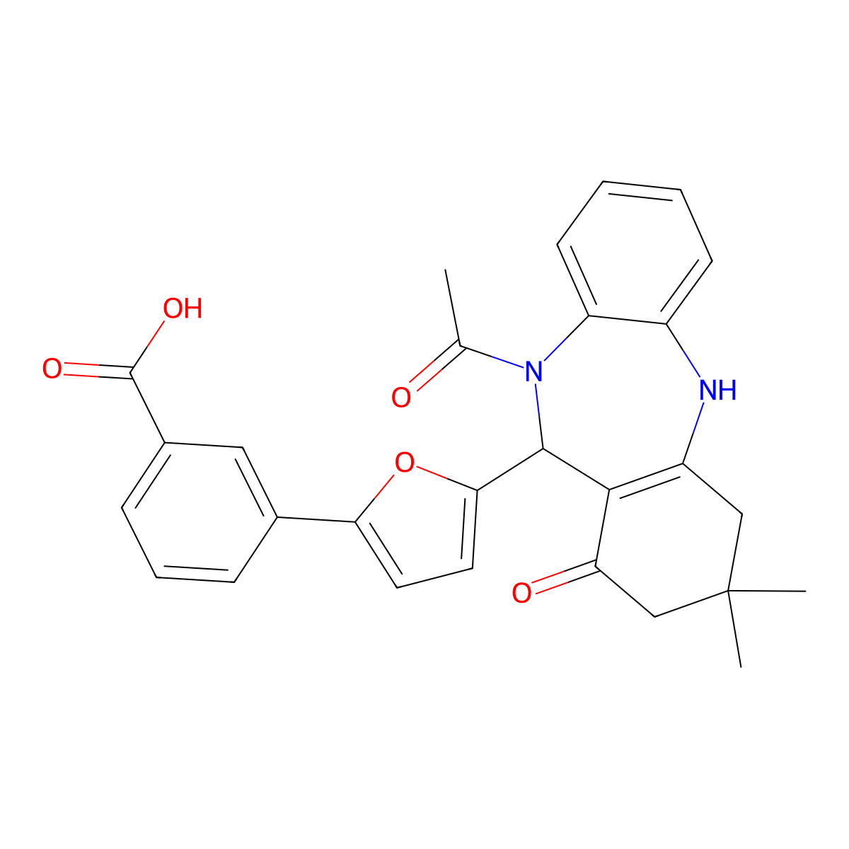 3-[5-(5-Acetyl-9,9-dimethyl-7-oxo-6,8,10,11-tetrahydrobenzo[b][1,4]benzodiazepin-6-yl)furan-2-yl]benzoic acid molecular structure, CAS 312621-87-7