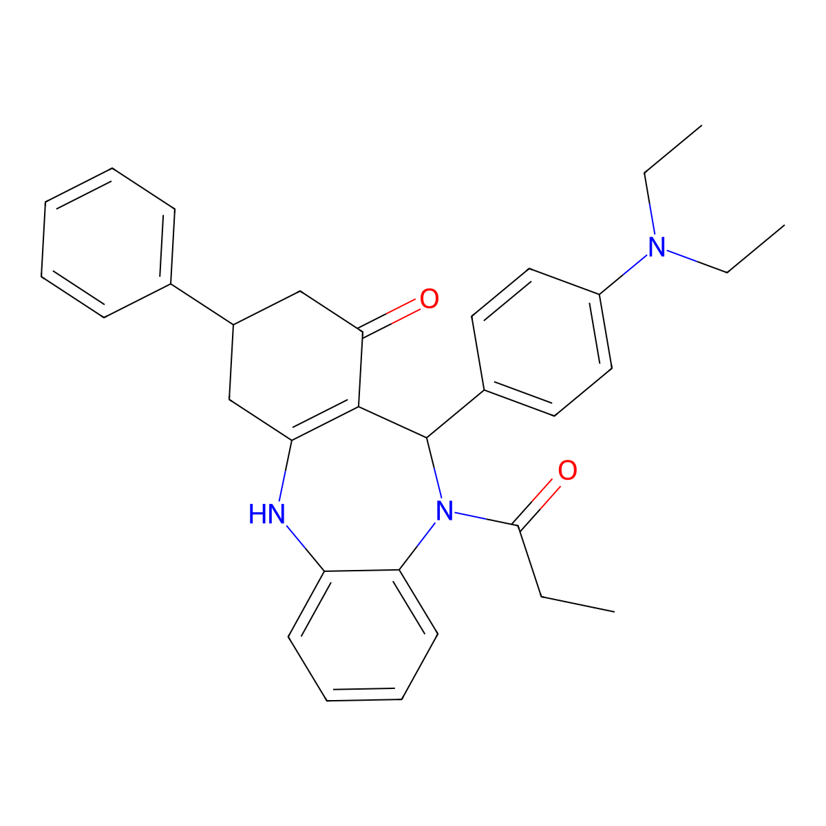 6-[4-(diethylamino)phenyl]-9-phenyl-5-propanoyl-8,9,10,11-tetrahydro-6H-benzo[b][1,4]benzodiazepin-7-one molecular structure, CAS 312621-90-2