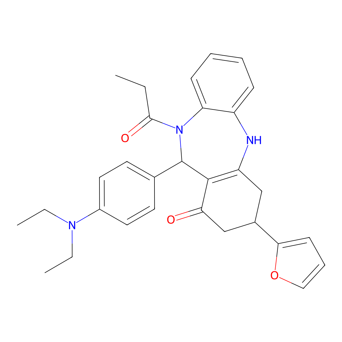 6-[4-(diethylamino)phenyl]-9-(furan-2-yl)-5-propanoyl-8,9,10,11-tetrahydro-6H-benzo[b][1,4]benzodiazepin-7-one molecular structure, CAS 312621-94-6