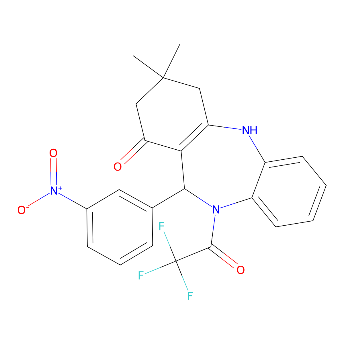 9,9-Dimethyl-6-(3-nitrophenyl)-5-(2,2,2-trifluoroacetyl)-6,8,10,11-tetrahydrobenzo[b][1,4]benzodiazepin-7-one molecular structure, CAS 312622-13-2