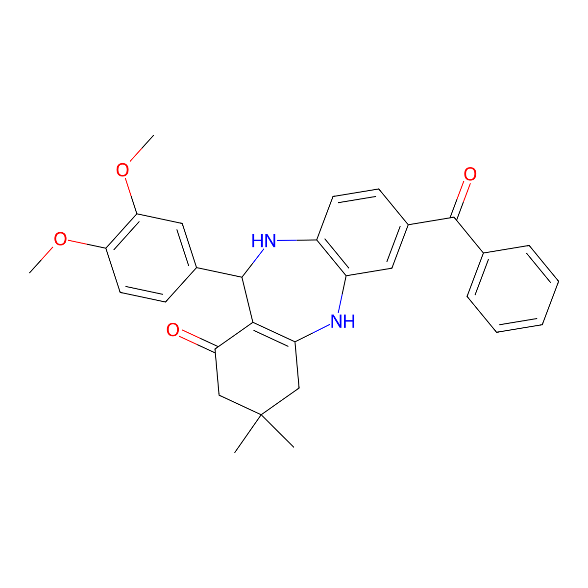 2-benzoyl-6-(3,4-dimethoxyphenyl)-9,9-dimethyl-6,8,10,11-tetrahydro-5H-benzo[b][1,4]benzodiazepin-7-one molecular structure, CAS 312622-22-3