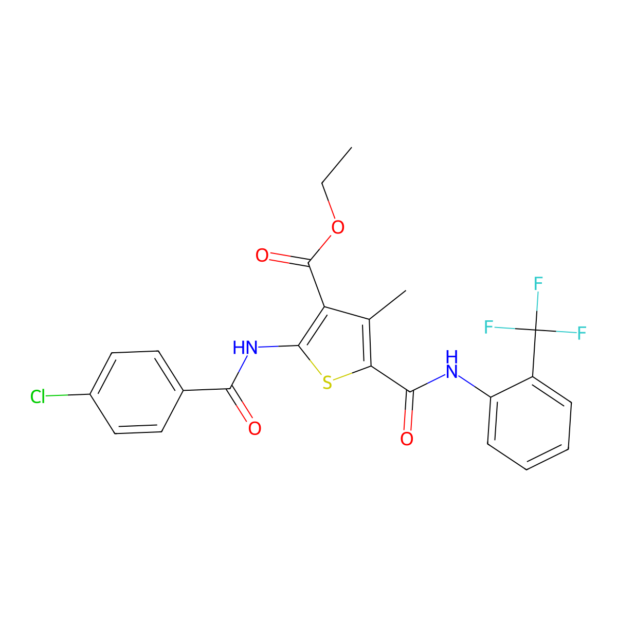 Ethyl 2-(4-chlorobenzamido)-4-methyl-5-{[2-(trifluoromethyl)phenyl]carbamoyl}thiophene-3-carboxylate molecular structure, CAS 312622-26-7