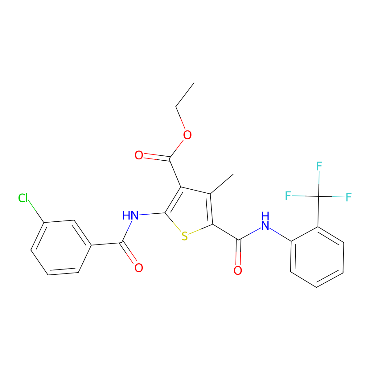 Ethyl 2-(3-chlorobenzamido)-4-methyl-5-{[2-(trifluoromethyl)phenyl]carbamoyl}thiophene-3-carboxylate molecular structure, CAS 312622-40-5