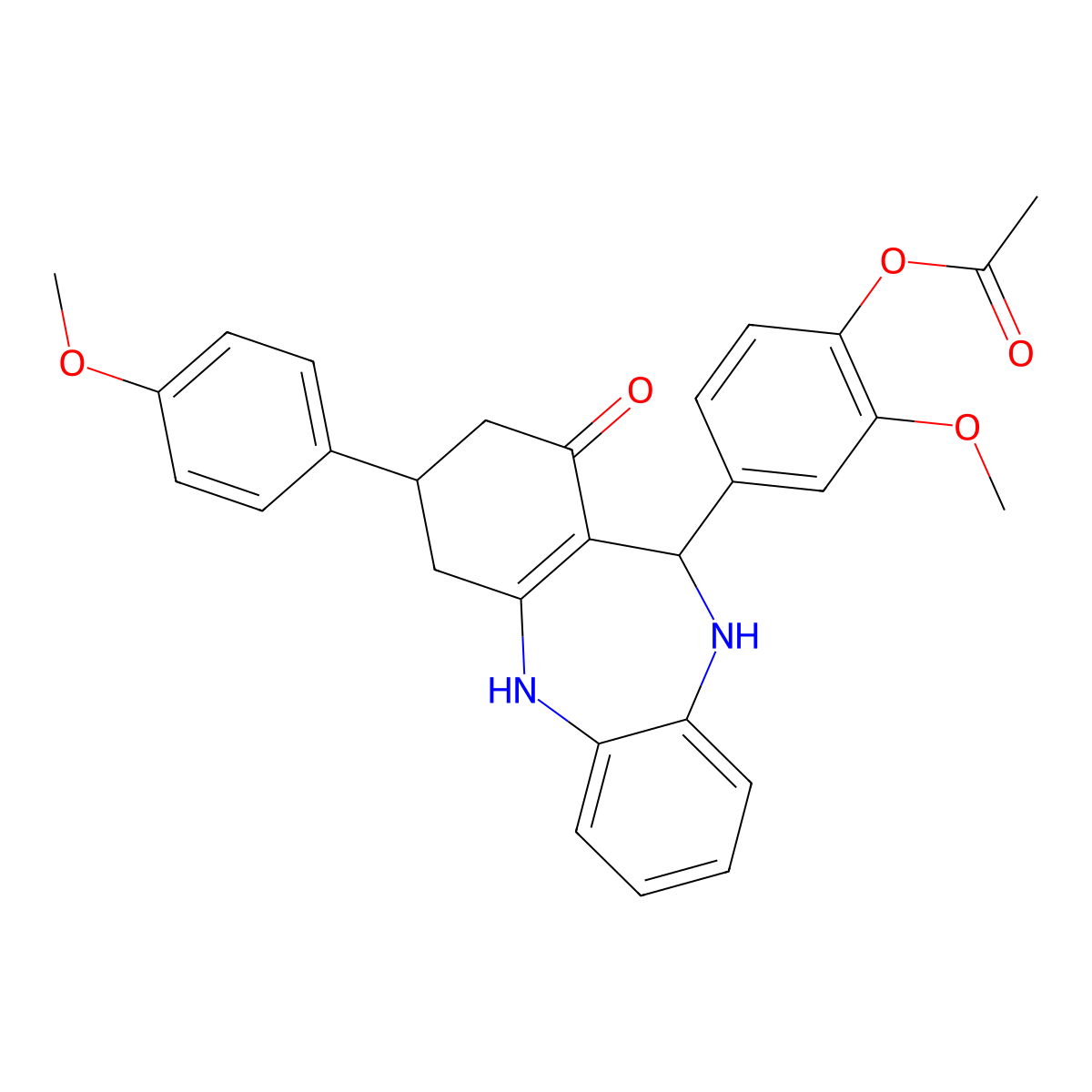 [2-Methoxy-4-[9-(4-methoxyphenyl)-7-oxo-5,6,8,9,10,11-hexahydrobenzo[b][1,4]benzodiazepin-6-yl]phenyl] acetate molecular structure, CAS 312622-43-8