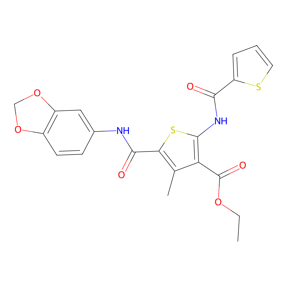 Ethyl 5-(1,3-benzodioxol-5-ylcarbamoyl)-4-methyl-2-[(thiophen-2-ylcarbonyl)amino]thiophene-3-carboxylate molecular structure, CAS 312622-57-4