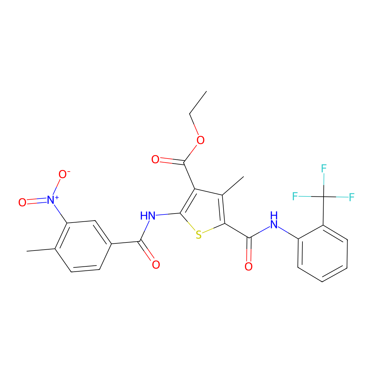 Ethyl 4-methyl-2-(4-methyl-3-nitrobenzamido)-5-{[2-(trifluoromethyl)phenyl]carbamoyl}thiophene-3-carboxylate molecular structure, CAS 312622-59-6