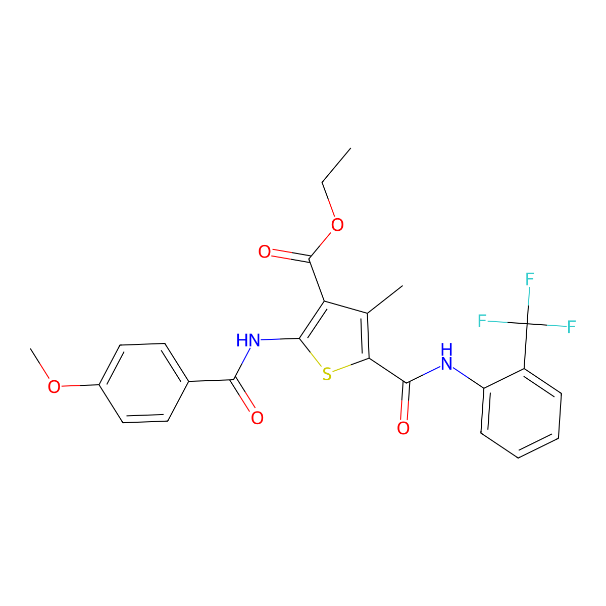 Ethyl 2-(4-methoxybenzamido)-4-methyl-5-{[2-(trifluoromethyl)phenyl]carbamoyl}thiophene-3-carboxylate molecular structure, CAS 312622-61-0